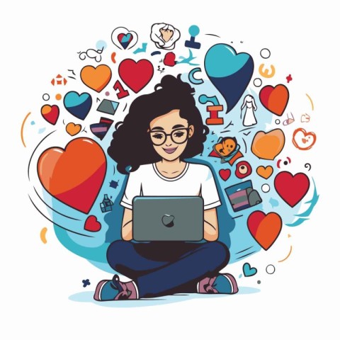 Young woman with laptop and social media icons. Vector illustrat