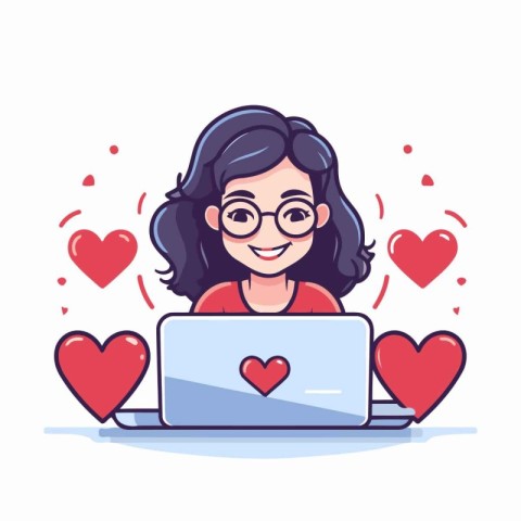 Cute girl with laptop and hearts. Vector illustration in cartoon