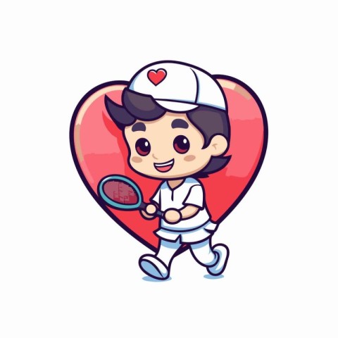 Cute boy tennis player holding racket and ball. vector illustrat