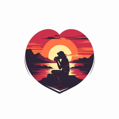 Silhouette of a woman sitting on a rock in the shape of a heart