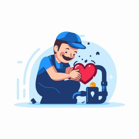 Plumber with heart in his hand. Vector illustration in flat styl