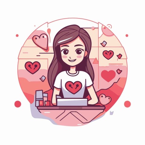 Cute girl with laptop and hearts. Vector illustration in cartoon