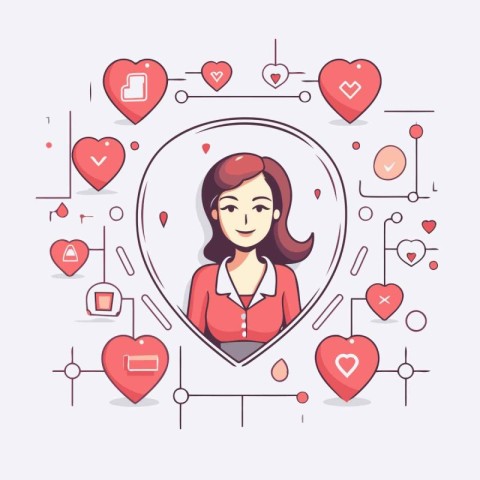 Vector illustration of woman in heart-shaped frame. Modern thin