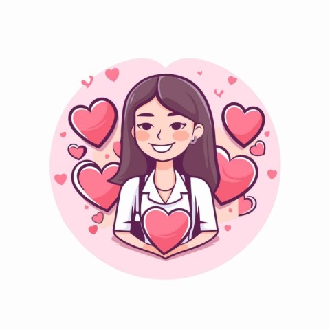 Cute cartoon girl with heart in her hand. Vector illustration.