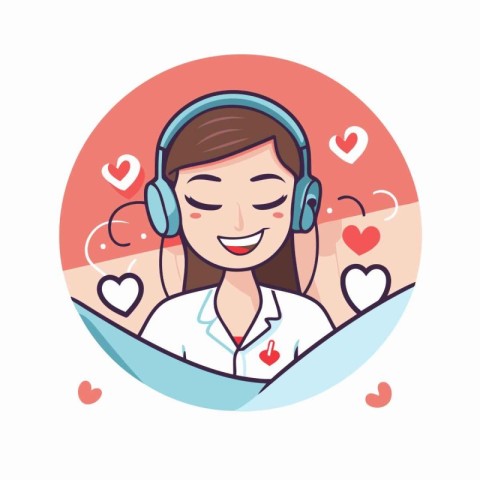 Young woman with headphones listening to music. Vector flat cart