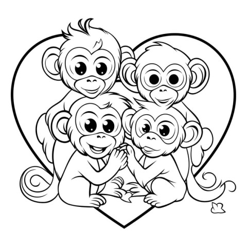 Monkey Family with Heart - Black and White Cartoon Illustration.