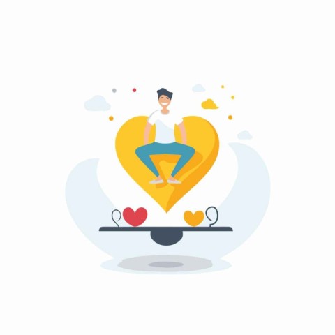 Man sitting on the big heart. Love concept. Vector illustration