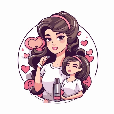 Mother and daughter with cosmetics. Vector illustration in a car