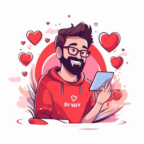 Vector illustration of a man with a beard in a red T-shirt and g