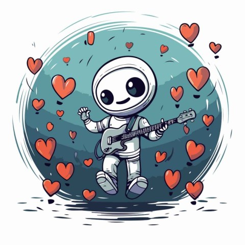 Cute cartoon astronaut with a guitar and hearts. Vector illustra