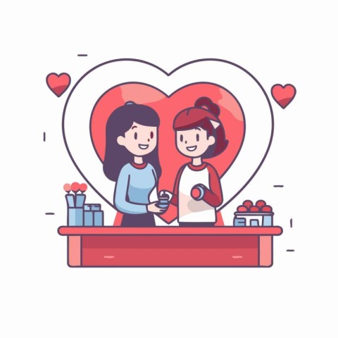 Valentine's day vector illustration. Two women at the counter in