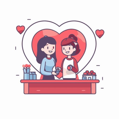Valentine's day vector illustration. Two women at the counter in