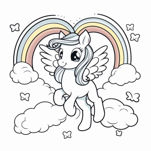 Cute cartoon unicorn on the clouds with rainbow. Vector illustra