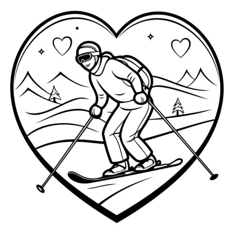 Illustration of a skier skiing in front of a heart shaped backgr