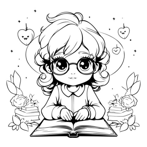 Cute little girl reading book. Black and white vector illustrati