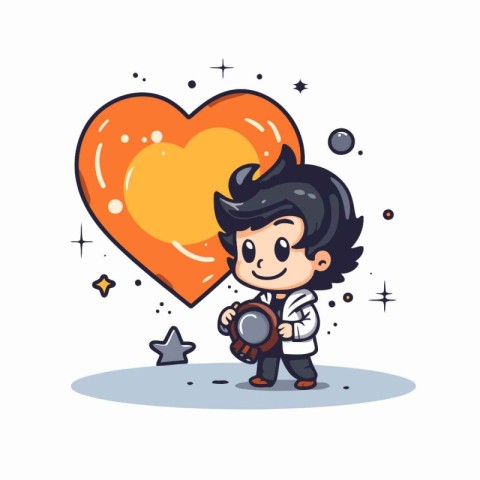 Cute boy holding a shield and a heart. Vector illustration.