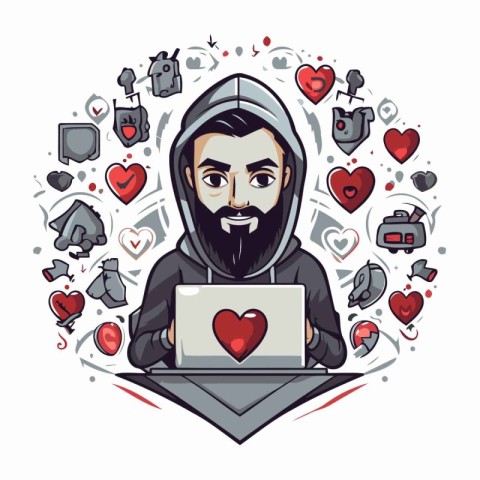 Vector illustration of a man with a laptop in his hands. Cartoon