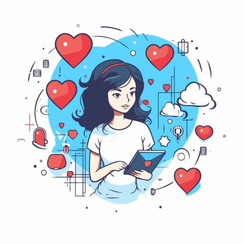 Vector illustration of a girl reading a book in the social netwo