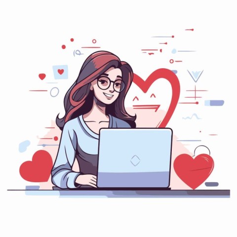 Young woman working on laptop and sending love message. Vector i