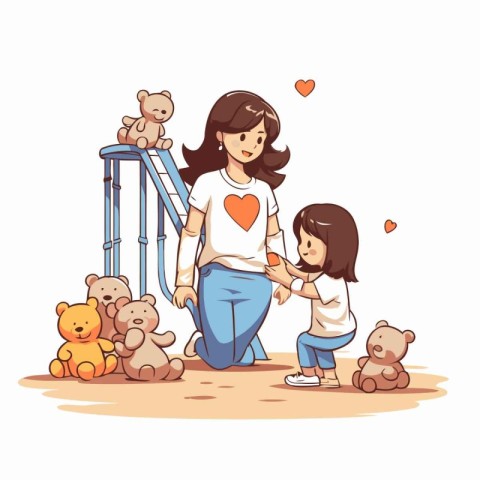 Mother and daughter playing with teddy bears. Vector illustratio