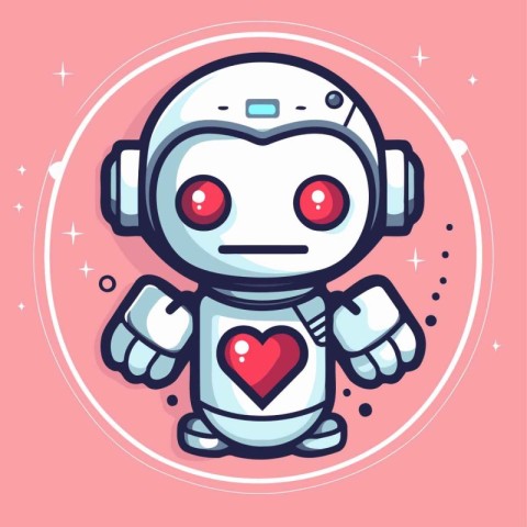 Cute cartoon robot with heart. Vector illustration in flat style