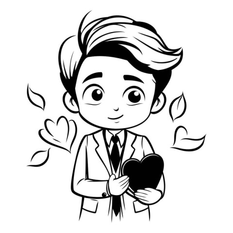 Businessman holding a heart in his hands. black and white vector