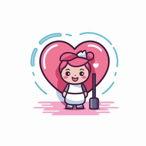 Cute little girl with heart and mop. Vector illustration.