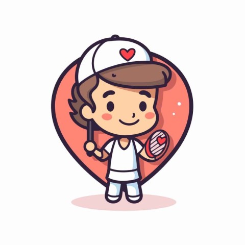 Cute Little Boy Playing Baseball with Heart Shape Vector Illustr