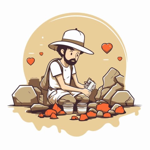 Vector illustration of a man with a camera sitting on a rock.