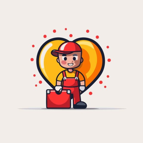 Cute cartoon mechanic with toolbox in heart shape. Vector illust