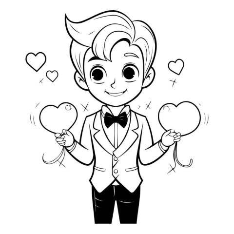 Vector illustration of a boy in a suit holding balloons in the f