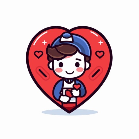 Cute boy holding gift box in heart shape. Vector illustration.