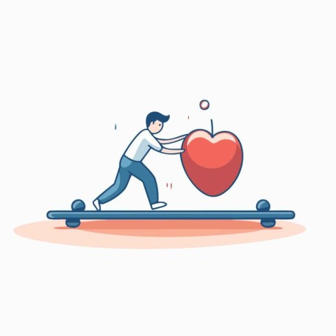 Man balancing on seesaw with red heart. Flat vector illustration