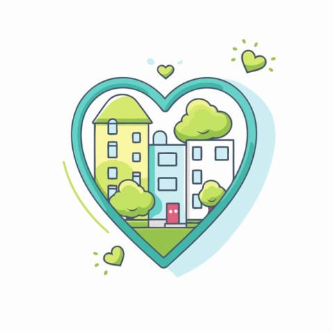 Heart shape with houses and trees on white background. Vector il