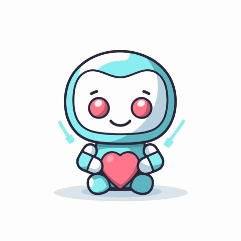 Cute cartoon robot holding heart. Vector illustration in doodle