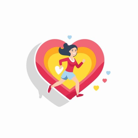 Woman running in red heart shape. Vector illustration in flat st