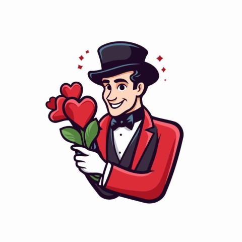 Vector illustration of a man in a bowler hat holding a bouquet o