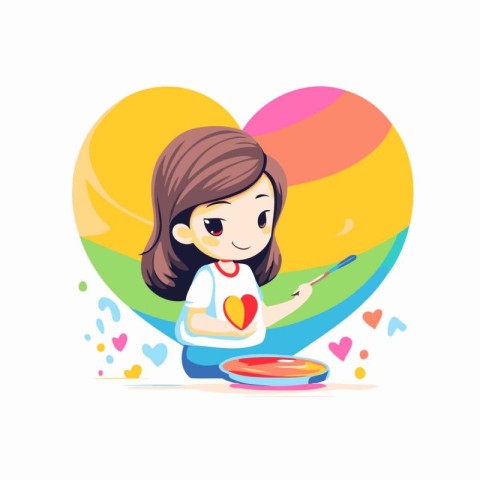 Cute little girl painting a heart with paint brush vector Illust