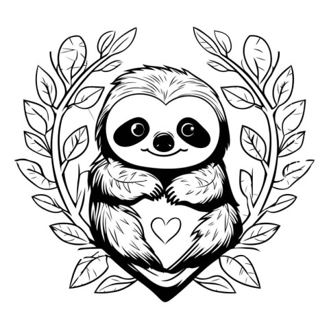 Cute cartoon sloth with heart and leaves. Vector illustration.