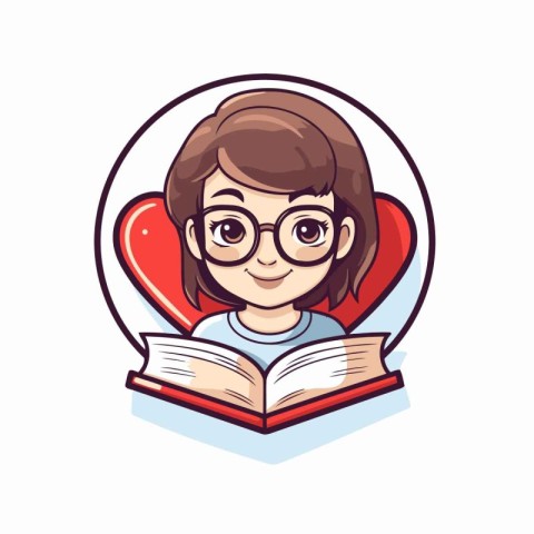 Vector illustration of a girl with glasses reading a book in a h