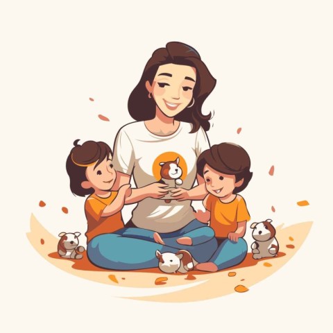 Mother with children playing with dog. Vector illustration in ca