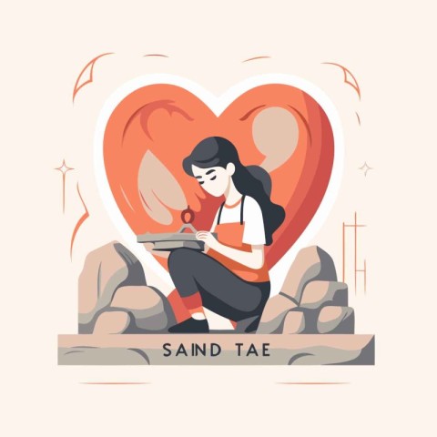 Vector illustration of a girl reading a book in the shape of a h