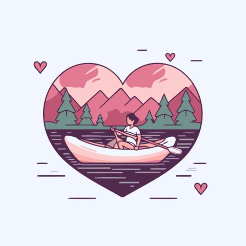 Couple in a canoe on the lake. Vector illustration in flat style