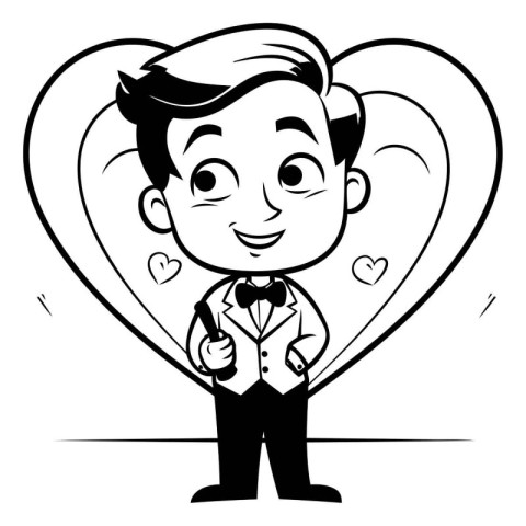 Black and White Cartoon Illustration of a Smiling Groom in Love