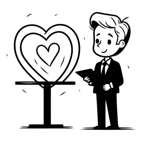 Businessman with tablet and heart. Vector illustration in cartoo