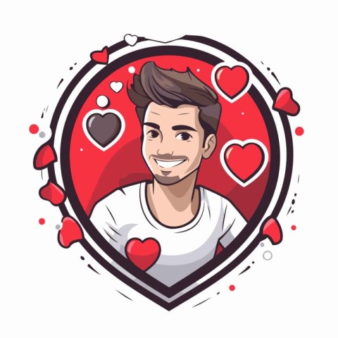 Vector illustration of a young man in love with hearts around hi