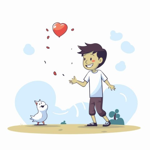 Vector illustration of a boy in love with a dog and a bird.