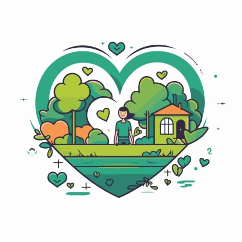 Vector illustration of a man in the garden with a house in the s