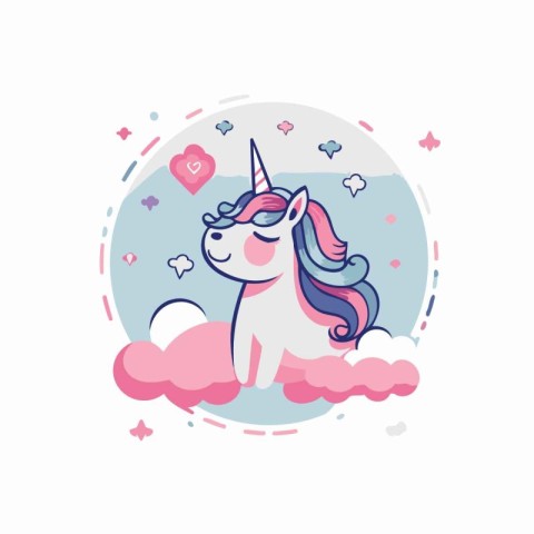 Cute cartoon unicorn on a cloud. Vector illustration in flat sty