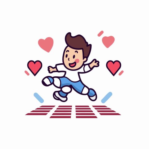 Cute little boy running across the crosswalk. Vector illustratio